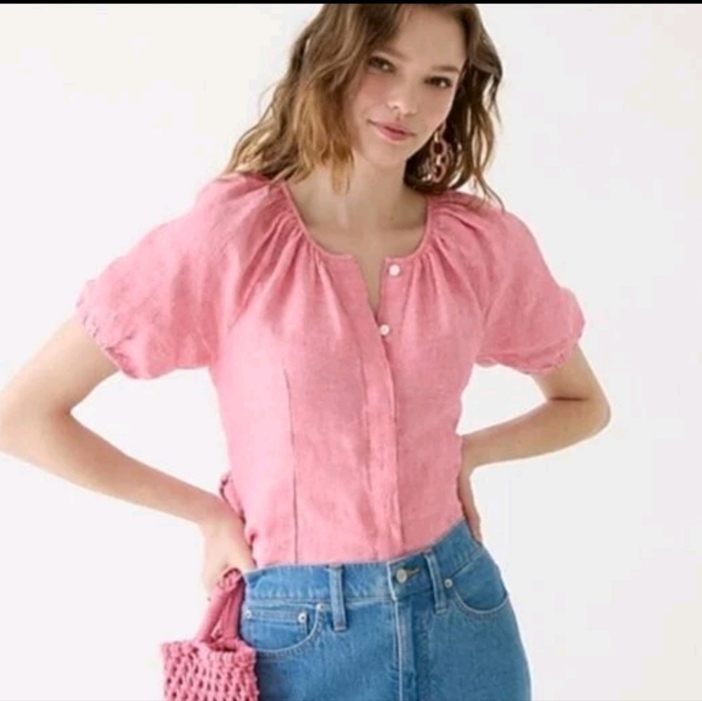 J.Crew 100% Linen Puff Sleeve Blouse Pink Button Front Summer Coastal Top Sz 20